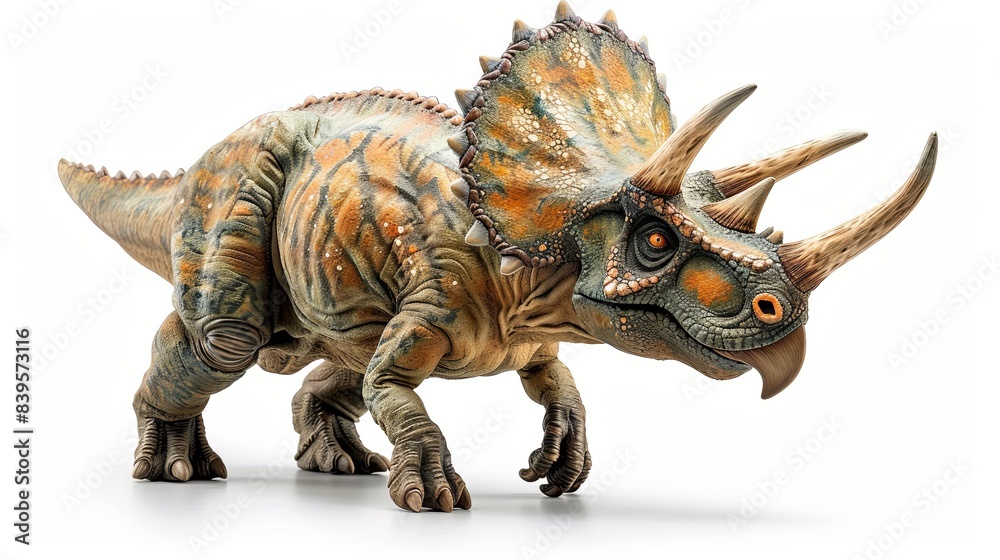 Naklejka premium a lifelike Triceratops isolated on a white background, highlighting its distinctive three horns and frill.