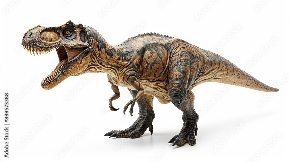 a ferocious Allosaurus isolated on a white background, displaying its powerful jaws and predatory gaze.