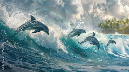 A pod of playful bottlenose dolphins surfing the waves in a tropical bay, their sleek bodies and playful antics capturing the essence of these charismatic marine mammals.
