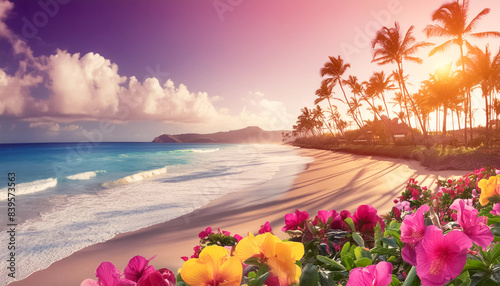 Meer, Strand, Palmen mit paradiesisch bunten Blüten  photo