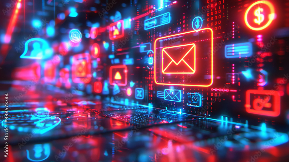 Fototapeta premium A vibrant neon envelope icon illuminates a digital wall, symbolizing communication and connection in the digital age.