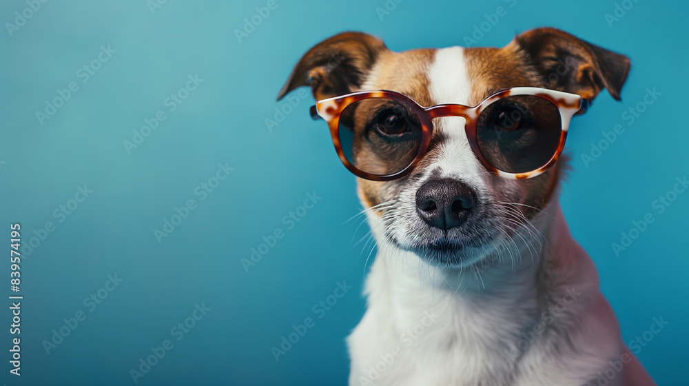 A dog wearing glasses. The dog is wearing a pair of cat-eye glasses and has a white and brown coat. Dog in sunglasses close-up. Portrait of a dog. A fictional character for advertising and marketing. A dog wearing glasses. The dog is wearing a pair of cat-eye glasses and has a white and brown coat. Dog in sunglasses close-up. Portrait of a dog. A fictional character for advertising and marketing.