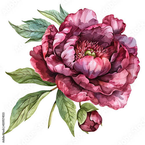 watercolor burgundy peony clipart for graphic resources on white background
