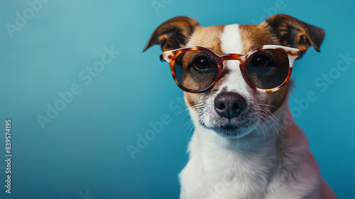 A dog wearing glasses. The dog is wearing a pair of cat-eye glasses and has a white and brown coat. Dog in sunglasses close-up. Portrait of a dog. A fictional character for advertising and marketing. © Nataliia_Trushchenko
