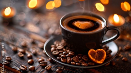Warm cup of coffee with heart foam  surrounded by coffee beans and soft lights