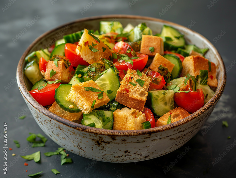 a bowl of panzanella salad, with bread cubes, tomatoes, and cucumbers
a bowl of panzanella salad, with bread cubes, tomatoes, and cucumbers