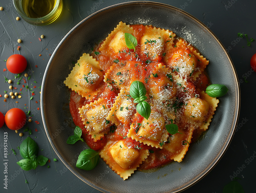 a plate of ravioli with a rich tomato sauce, garnished with Parmesan cheese a plate of ravioli with a rich tomato sauce, garnished with Parmesan cheese
