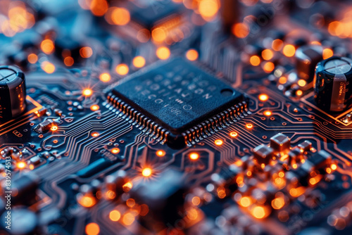 A close-up view of a computer circuit board with a central processing unit (CPU) and various electronic components, showcasing the intricate circuitry that powers modern computing.
