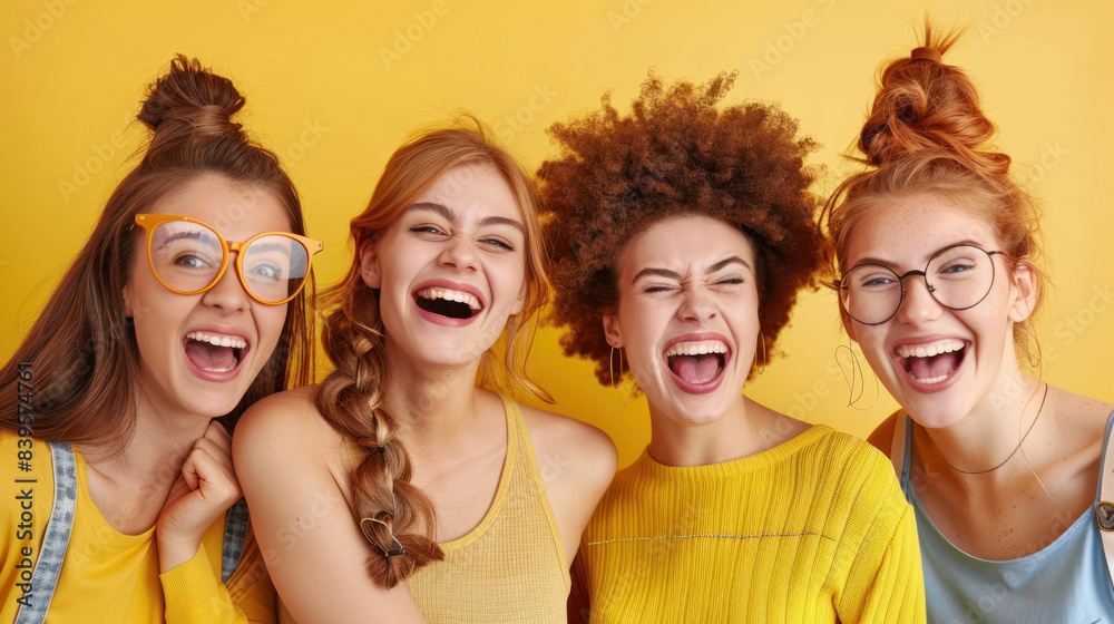 Obraz premium Four friends in yellow laughing together