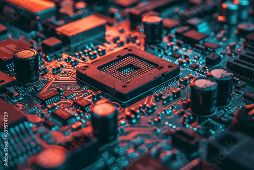 .A close-up view of a computer motherboard with a central processing unit (CPU) and va