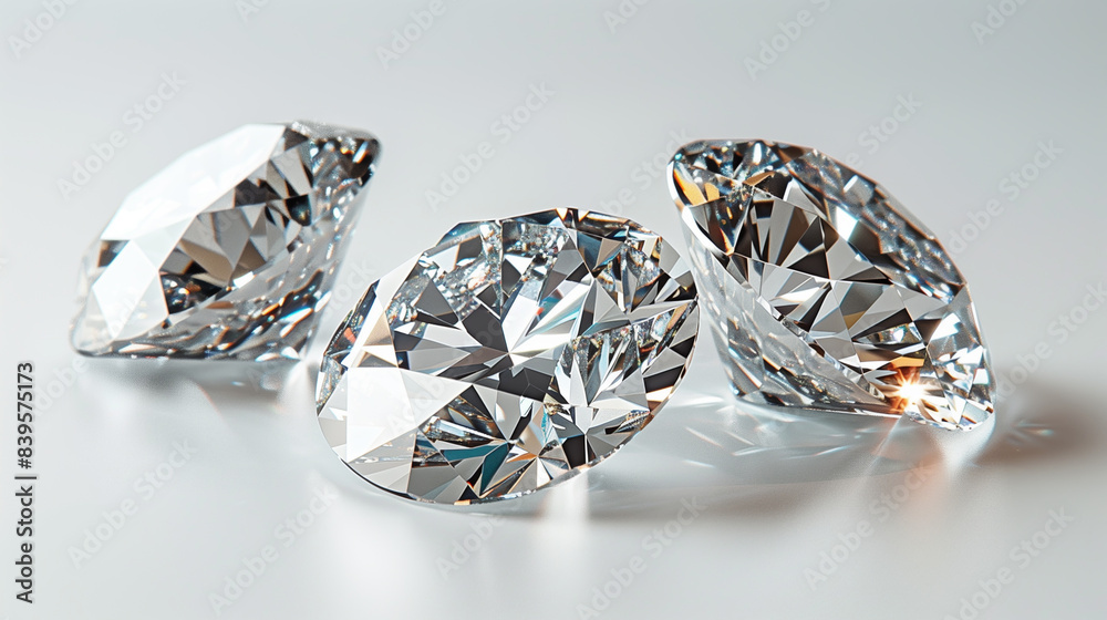 Isolated beautiful cut diamonds on a white studio background.