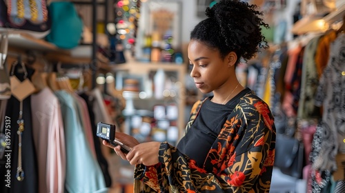 Business Owner Counting Inventory with Handheld Scanner in Stylish Boutique