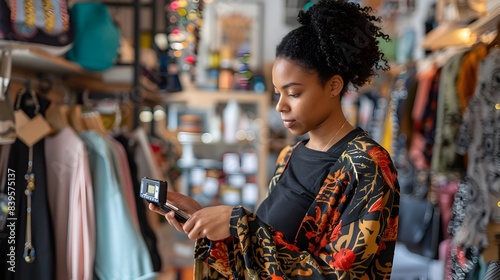 Business Owner Counting Inventory with Handheld Scanner in Stylish Boutique © Ratchadaporn