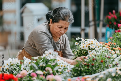 Joyful Hispanic Woman Crafting a Colorful Floral Letter in a Sunny Community Garden