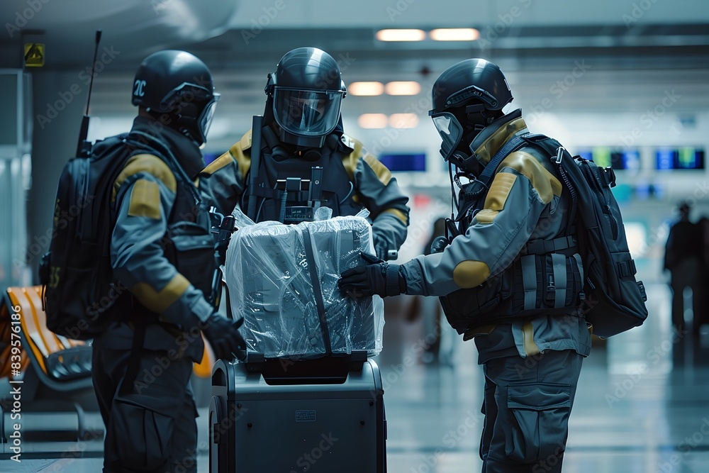 Obraz premium Bomb Disposal Unit Using Portable X Ray Scanner to Inspect Suspicious Package at Airport Terminal