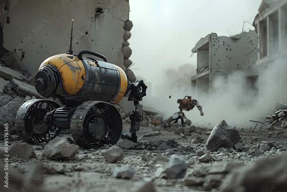 Bomb Disposal Robot Navigating Rubble in War Torn Zone to Reach ...