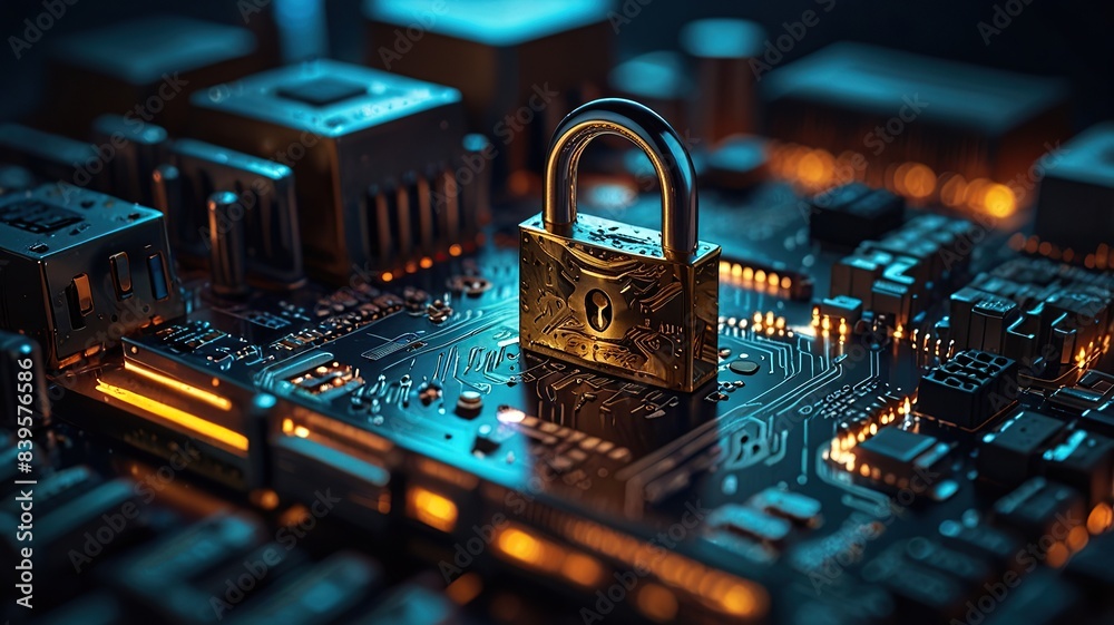 Closeup Locked electronic circuit board Computer Security concept hardware concept Closeup Locked electronic circuit board Computer Security concept hardware concept