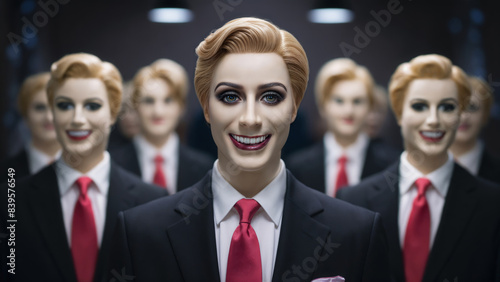 Blonde male mannequin corporate employees in office hallway all dressed in the same indistinguishable suit and red tie with plastic personalities and fake smiles.