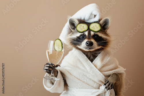 A raccoon dressed in a white terry robe is drinking champagne and relaxing at a spa. The concept of relaxation and self-care for women. Shot in a studio against a beige background. photo