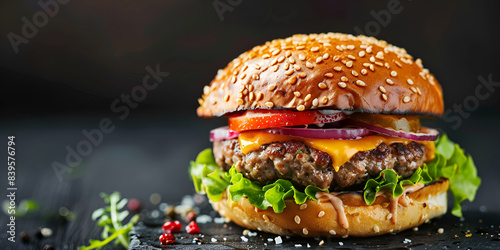 Delicious hamburger with cheese, onions, and tomatoes on a sesame seed bun photo