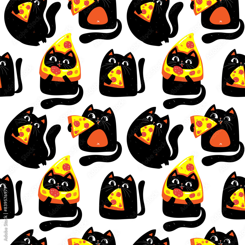 WebPizza slice, black cats eating pizza seamless pattern on white WebPizza slice, black cats eating pizza seamless pattern on white