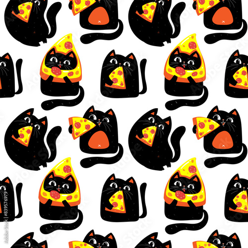 WebPizza slice, black cats eating pizza seamless pattern on white