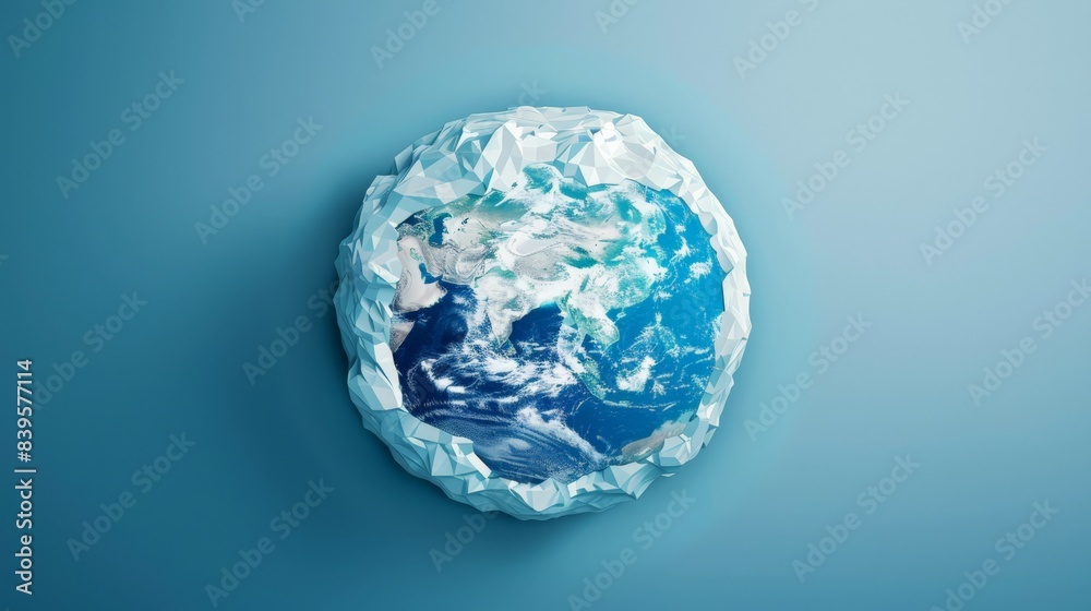 Digital rendering of Earth encased in an icy shell against a blue background. Conceptual image illustrating global warming and environmental protection. Digital rendering of Earth encased in an icy shell against a blue background. Conceptual image illustrating global warming and environmental protection.