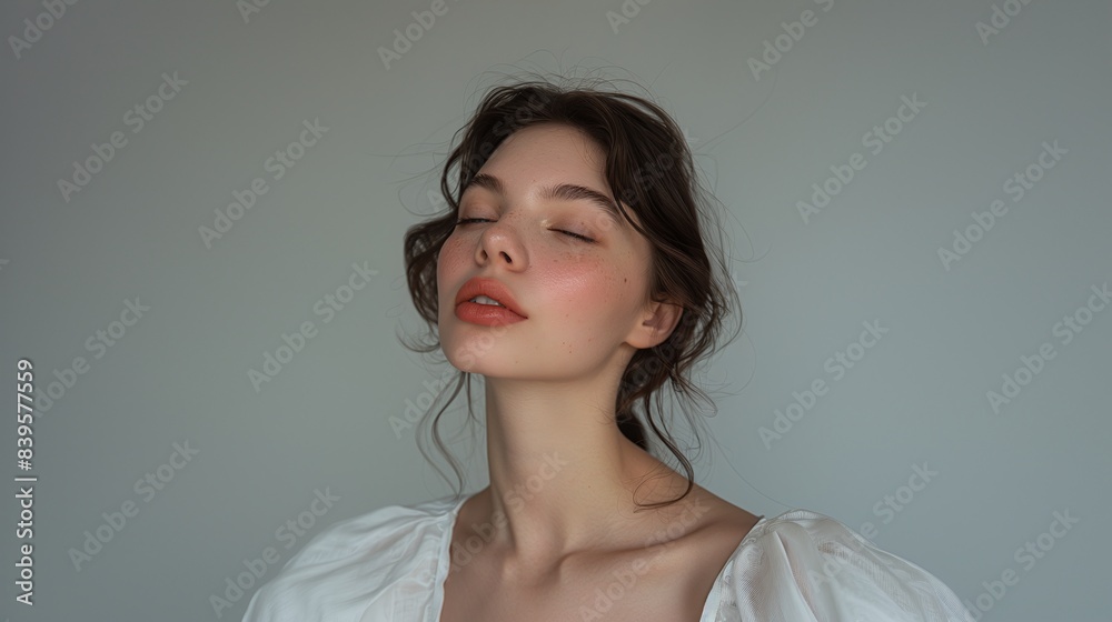 Obraz premium Woman with Closed Eyes Against Light Background, Serene and Elegant Portrait, Ideal for Beauty and Lifestyle Use