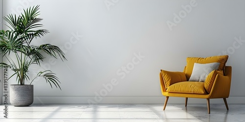 Yellow Armchair in Warm-Toned Living Room Mockup. Concept Home Decor, Yellow Armchair, Living Room, Warm Tones, Mockup photo