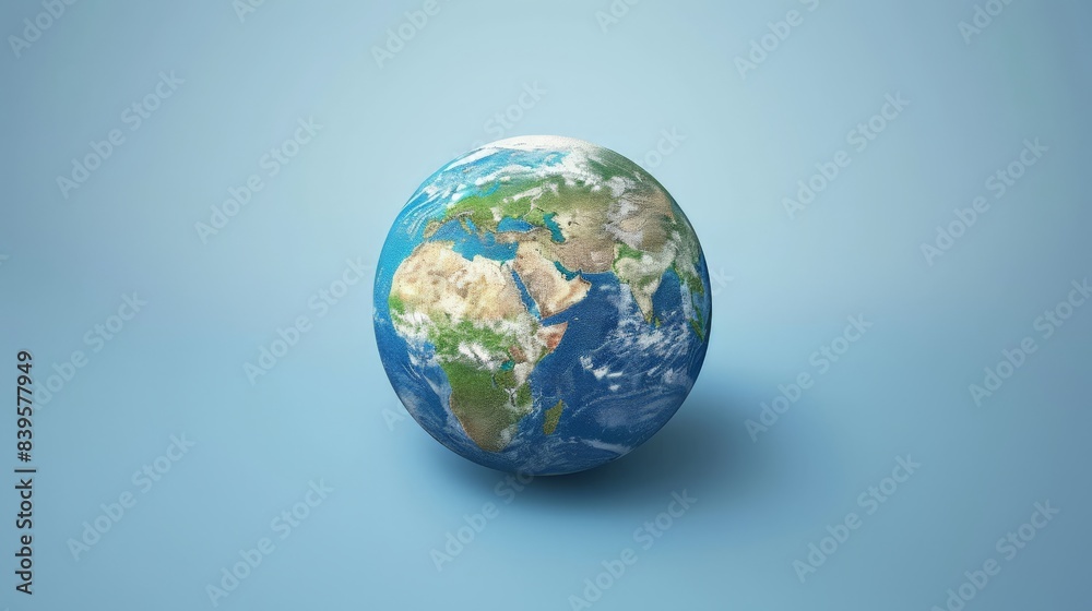 Digital rendering of Earth floating on a blue background. Highlights global environmental responsibility and climate action. Digital rendering of Earth floating on a blue background. Highlights global environmental responsibility and climate action.