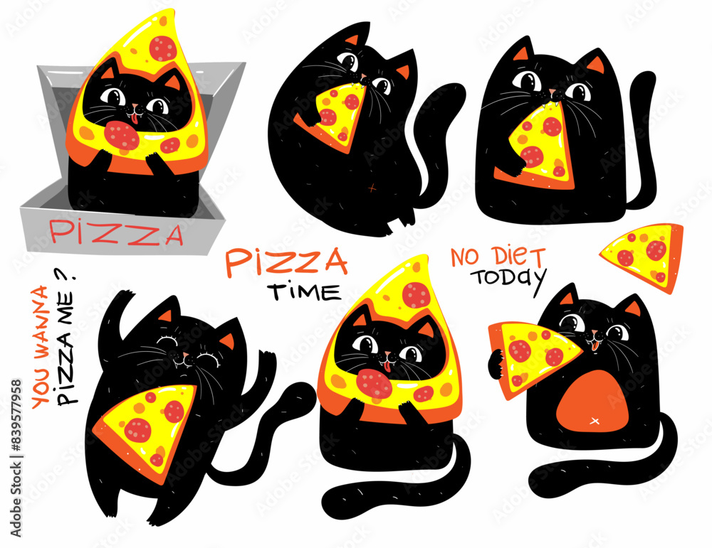 WebSet of cute black cats with pizza, character having food, perfect stickers, badges and other WebSet of cute black cats with pizza, character having food, perfect stickers, badges and other