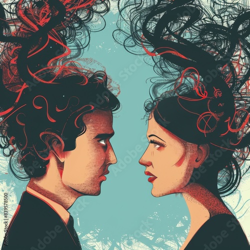 Two individuals with intricate hair designs face each other against a colorful background in an artistic representation of connection