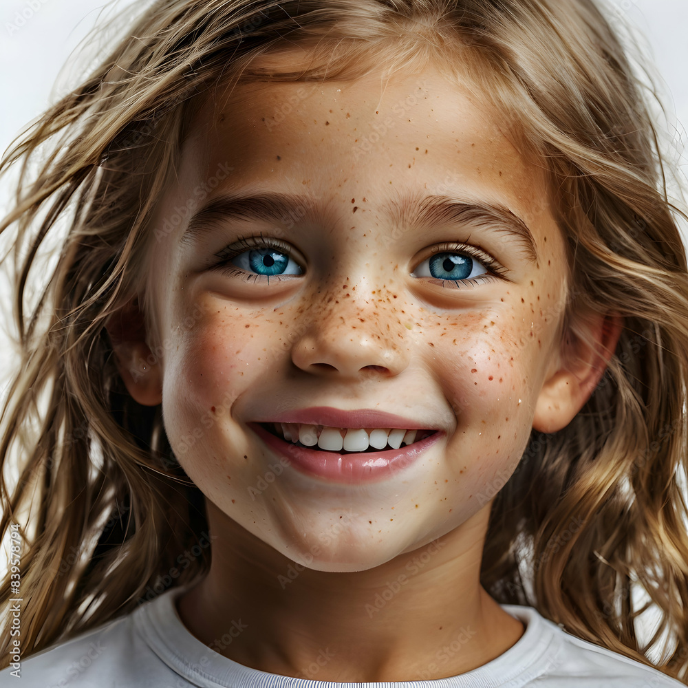 A radiant young girl beams with joy against a crisp white background. A radiant young girl beams with joy against a crisp white background.