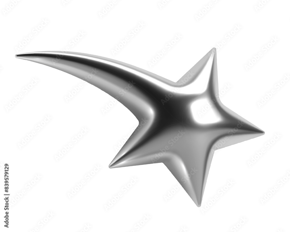 3d y2k abstract chrome shooting star shape with shiny metallic silver surface. Isolated vector element for retrofuturistic, cosmic, celestial, sci-fi themes, adding bling, sparkle, flash to designs
