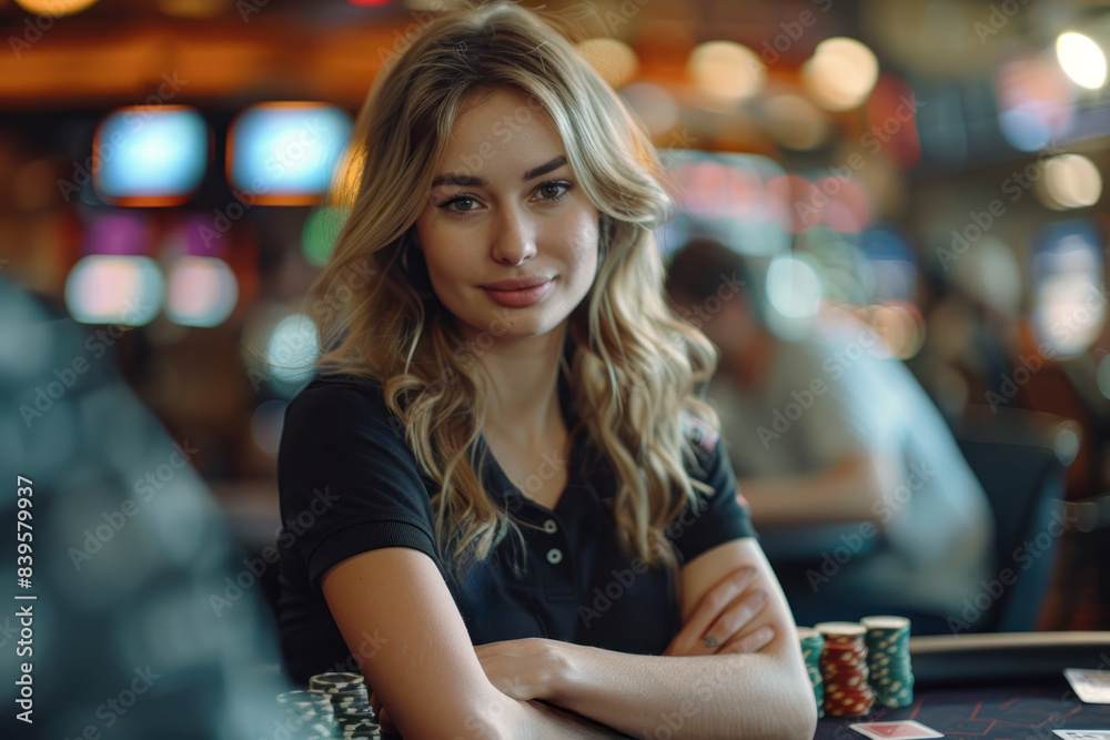 Relaxed woman at poker table with folded arms