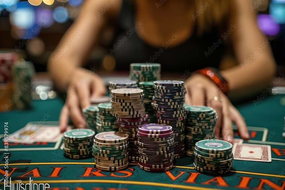 Stacks of poker chips on a casino table Stacks of poker chips on a casino table