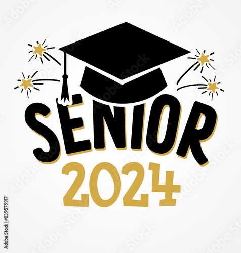 Senior 2024, graduating class of logo design. Sticker design Senior 2024 with black graduation cap and fireworks. Vector illustration