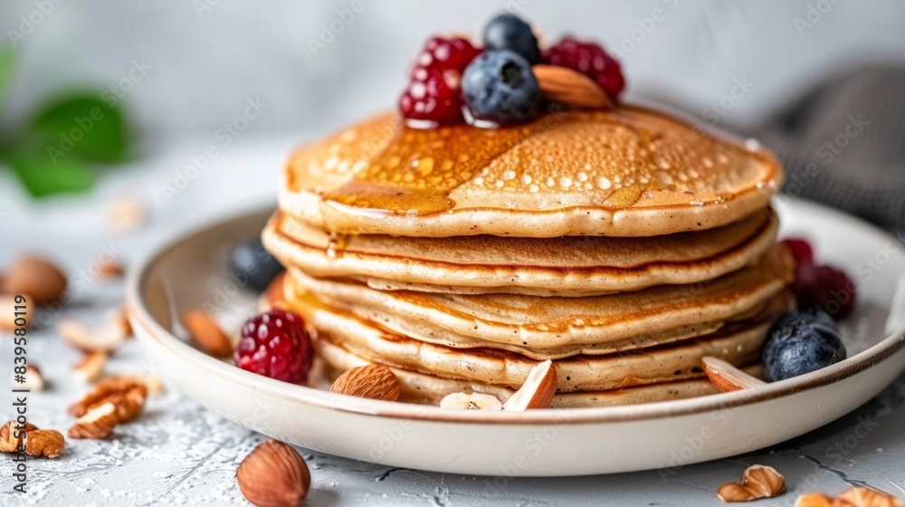Stack of Fresh Pancakes Topped with Honey and Mixed Berries Stack of Fresh Pancakes Topped with Honey and Mixed Berries