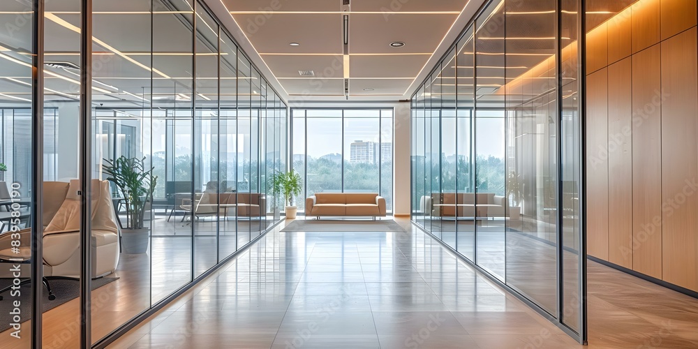 Contemporary office hallway with sofa large window and meeting room. Concept Office Design, Contemporary Decor, Meeting Room Setup, Hallway Furnishings, Natural Lighting Contemporary office hallway with sofa large window and meeting room. Concept Office Design, Contemporary Decor, Meeting Room Setup, Hallway Furnishings, Natural Lighting