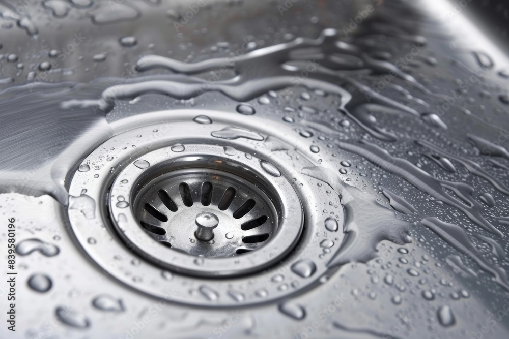 Stainless steel kitchen sink drain with water droplets Stainless steel kitchen sink drain with water droplets