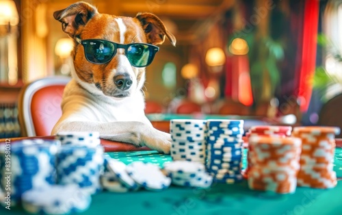 A dog sitting at the table in sunglasses and playing poker with many chips on it, in casino