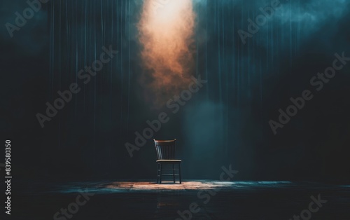 A single chair on stage in spotlight, fog and darkness around, empty space above the chair, minimalistic stage design, wide shot, dark and mysterious