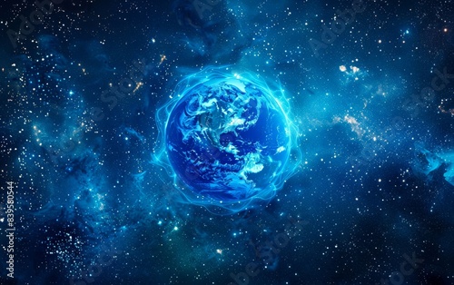 Earth from space, surrounded by a glowing energy field, against a backdrop of stars and nebulae.