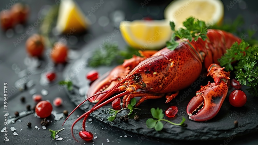 Luxurious boiled spiny lobster with spices, basil and lemon on a black stone plate Luxurious boiled spiny lobster with spices, basil and lemon on a black stone plate