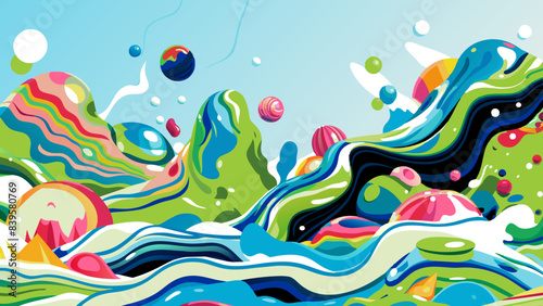 Vibrant Abstract Landscape with Rolling Hills and Whimsical Sky