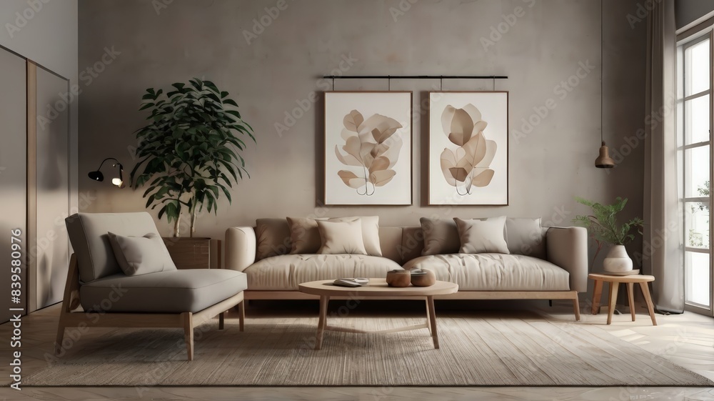 Modern Scandinavian home interior design characterized by an elegant living room featuring a comfortable sofa, mid century furniture, aesthetic carpet, wooden floor, color walls, and home plants Modern Scandinavian home interior design characterized by an elegant living room featuring a comfortable sofa, mid century furniture, aesthetic carpet, wooden floor, color walls, and home plants