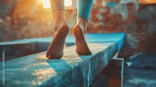 Elegant ballet dancer's feet on pointe shoes in a rustic studio setting