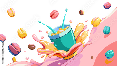 Colorful Splashing Drink and Macarons Whimsical Illustration