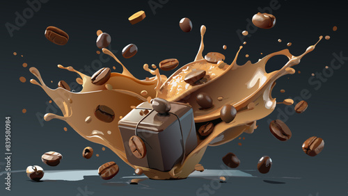 Dynamic Coffee Splash with Beans and Cup on Dark Background