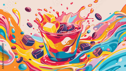 Vibrant Splash of Colorful Liquid and Ice Cubes in Glass